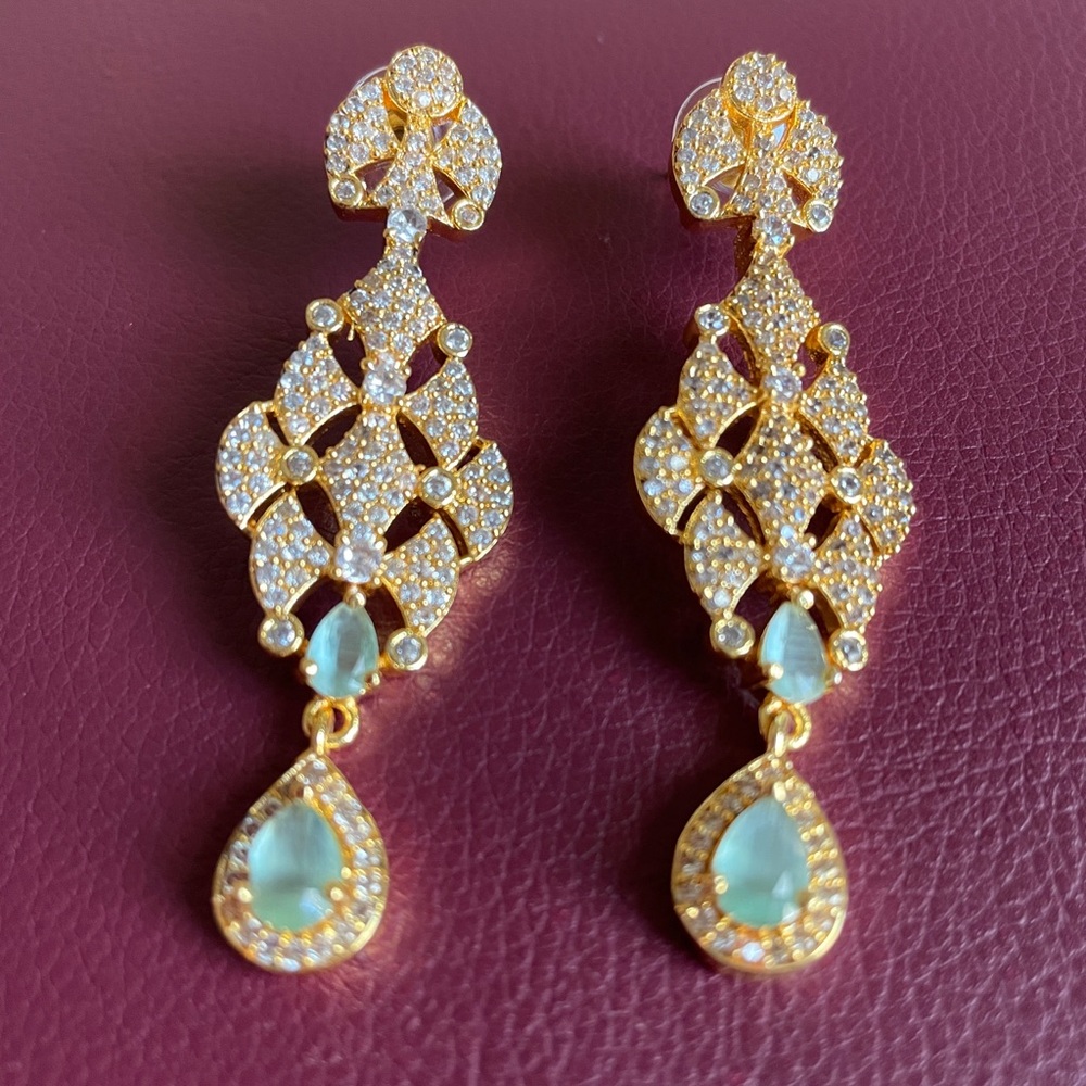 Gold-Tone Filigree Drop Earrings with Light Blue Gemstones